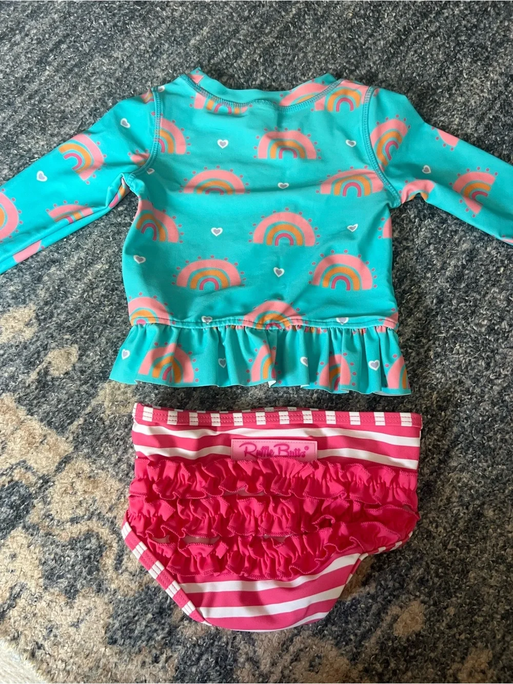 Ruffle Butts Teal Rainbow Ruffle Rashguard with Pink Stripe Bottoms
